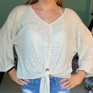 Knit lightweight beige tie front sweater
